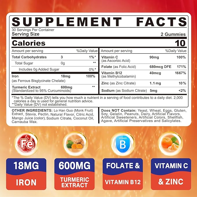 Vegan Iron Gummies Supplement with Vitamin C, B12, Folate & Turmeric - Energy & Immune Health | Gummy Iron Bisglycinate 18mg Gentle & Non-Constipating for Iron Deficiency, Anemia Women Men, 1 Pack