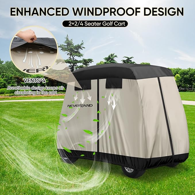 NEVERLAND Golf Cart Cover 4 Passenger - Outdoor Waterprood Golf Cart Covers, 420D Club Car Golf Cart Covers With Air Vent&Zipper Compatible with EZGO Yamaha Club Car 4 Seat (Up to 112 Inch)Black+Brown