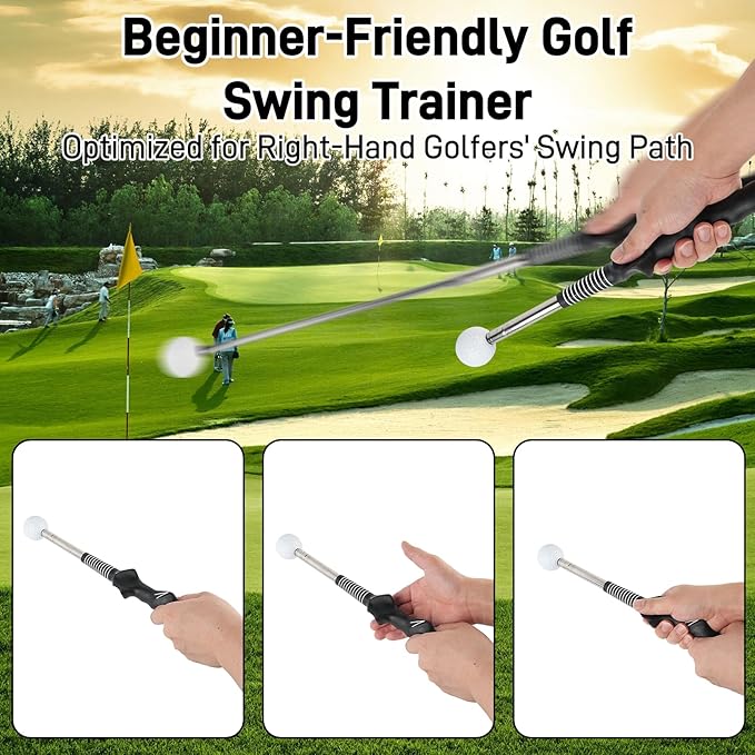 Retractable Golf Swing Training Aid with Arm Band, Golf Grip Trainer for Indoor Outdoor Practice, Portable Club Grips with Click Sound for Beginners and All Skill Levels