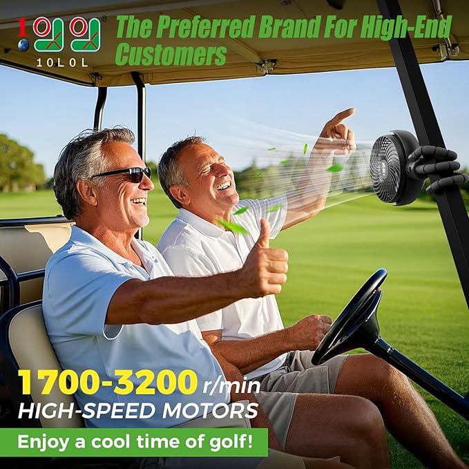 10L0L Golf Cart Fan Rechargeable with Flexible Tripod Mount - 10000mAh Battery Operated Portable Fan 360° Rotatable Head, Fits for Yamaha/EZGO/Club Car Golf Cart with LED Light