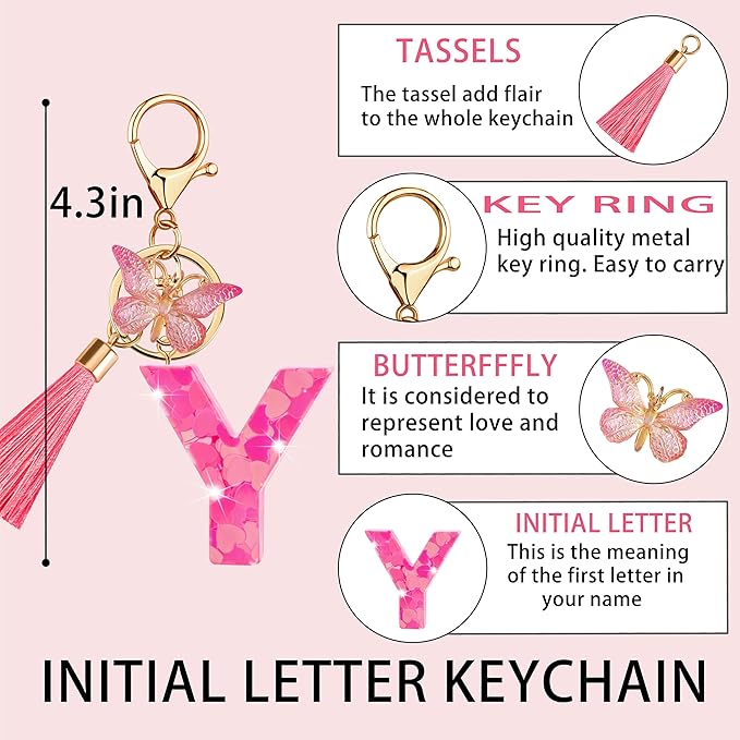 Suweibuke Colourful Cute Initial Letter Keychains for Women Girls with Tassel Butterfly, Charm for Purse Handbags Backpacks