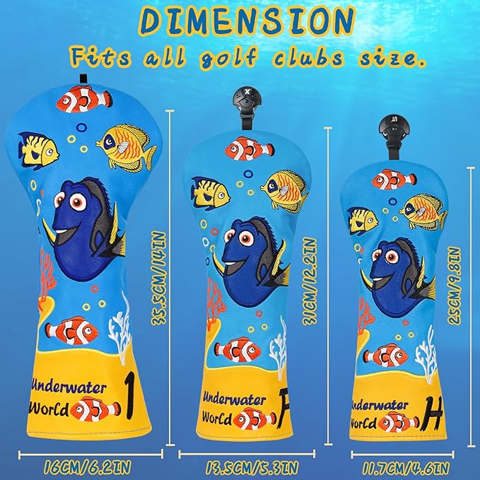Golf Club Head Covers, Underwater World Driver Headcover Hybrid Headcover Fairway Wood Head Covers Magnetic Blade Putter Cover with Interchangeable Tags for All Brand