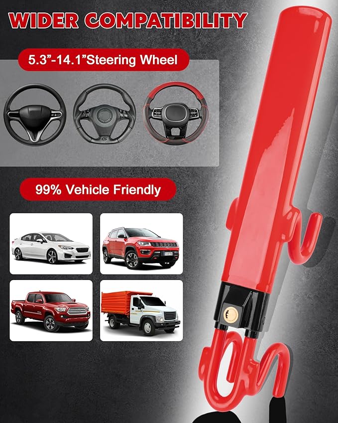 Tevlaphee Steering Wheel Lock Anti-Theft Car Device Heavy Duty Security Car Lock Antitheft Locking Devices Great Deterrent Adjustable Car Wheel Lock Anti Theft for Vehicle Truck SUV with 3 Keys (Red)