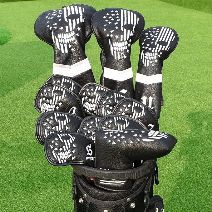 mytag Skull Skeleton Golf Head Covers Black Synthetic Leather Golf Headcovers Set Fits Driver Fairway Wood Hybrid/Utility Putter Iron Wedge Headcover