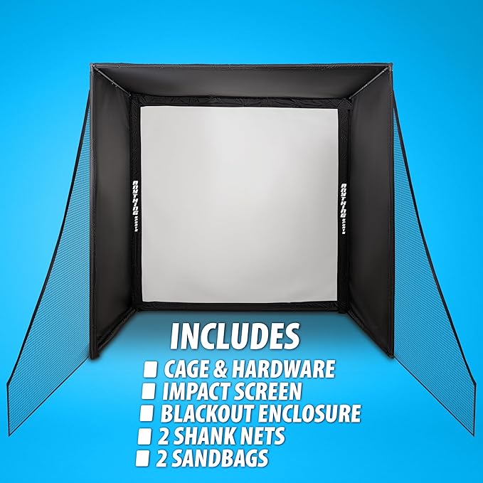 Complete Golf Simulator Enclosure Package – 4K-Ready Impact Screen with Blackout Cage, Frame Poles, Side Shank Nets & Sandbags | Indoor & Garage Practice | Easy Setup | 12-Month Warranty