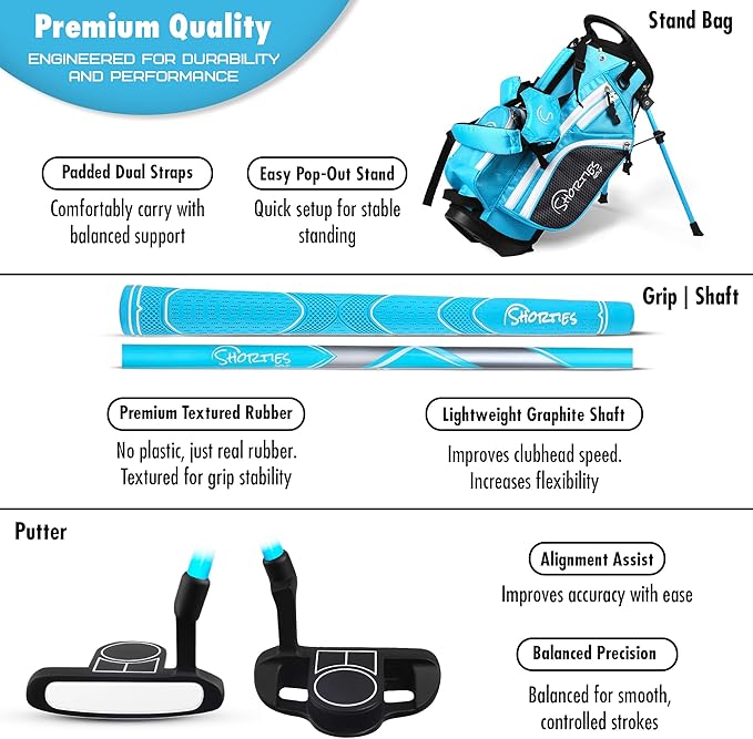 Shorties Golf - Kids Golf Club Set | Perfect for Toddler Golfers and Kids 34"-38" Tall | EasyCarry Stand Bag | Driver, 7-Iron, Putter, Headcover, and Rain Cover