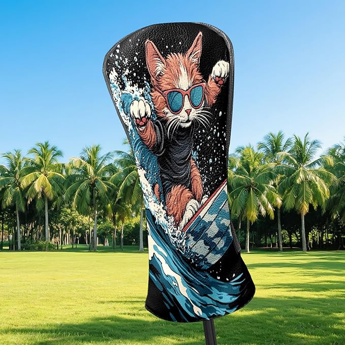 Premium Leather Golf Club Headcovers,Orange Cat Fits Driver Hybrid Fairway 3/5 Wood,with Scratch-Resistant Lining, Gift for Men and Women