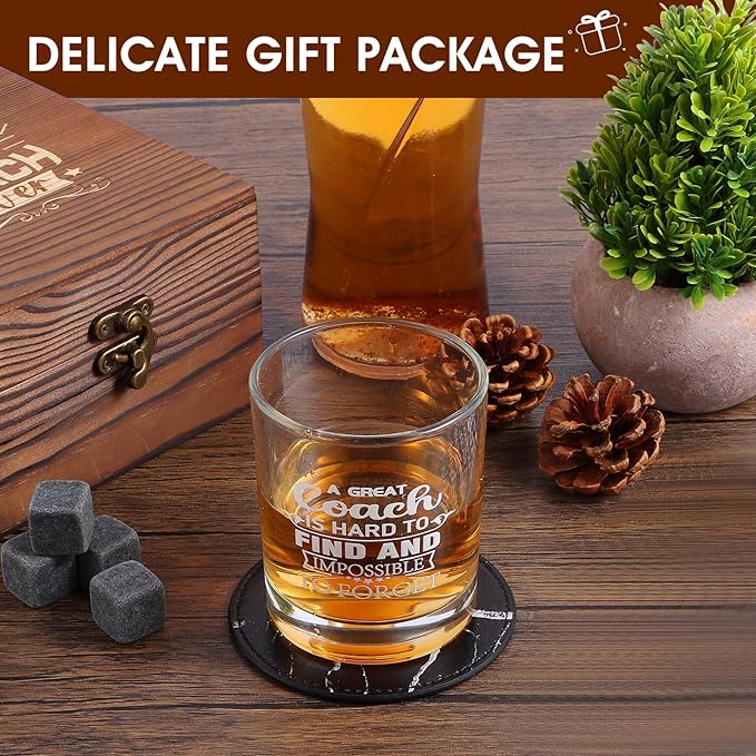 Whiskey Glass Gifts for Coaches, Best Coach Gift for Men, Thank You Gifts for Coaches with 12oz Whiskey Glasses, Stones, Coaster, Wooden Box for Baseball, Softball, Soccer, Basketball Coach