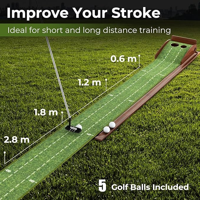 Indoor Golf Putting Mat with Putter & 5 Balls, Auto Ball Return Set, Velvet Matt for Home, Office, Backyard, Golf Gift