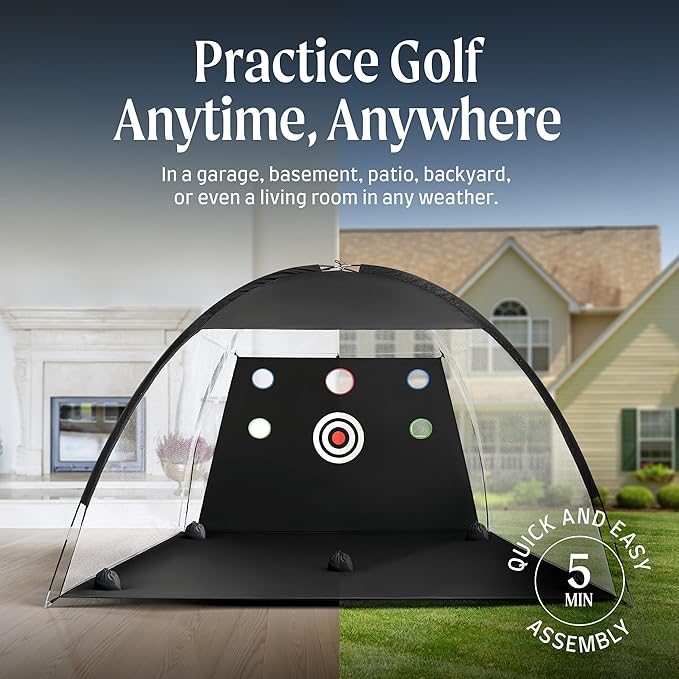 Garage Golf Net – 10x7ft Indoor Golf Hitting Net with Mat & Balls – Practice Driving & Chipping at Home