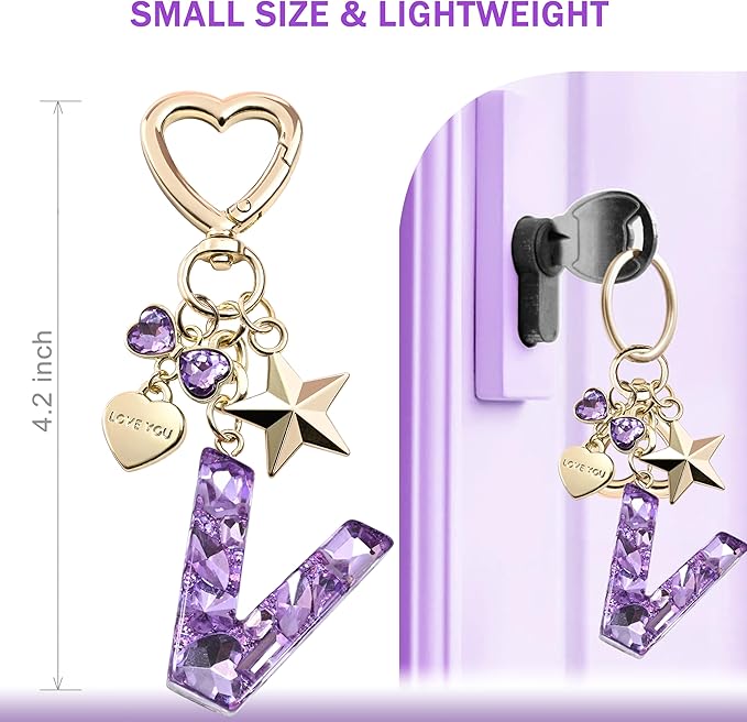 Cute Bling Keychain initial Letter Butterfly Star Pink Purple Gift for Women Girls Bag Cup Charms Accessories