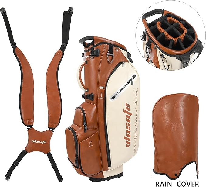 Lightweight 14-Way Golf Stand Bag, PU Leather Golf Bag Waterproof Men Women Full Length Top Dividers, Multiple 8 Pockets Cooler Pouch Adjustable Detachable Shoulder Dual Straps Rain Cover Hood