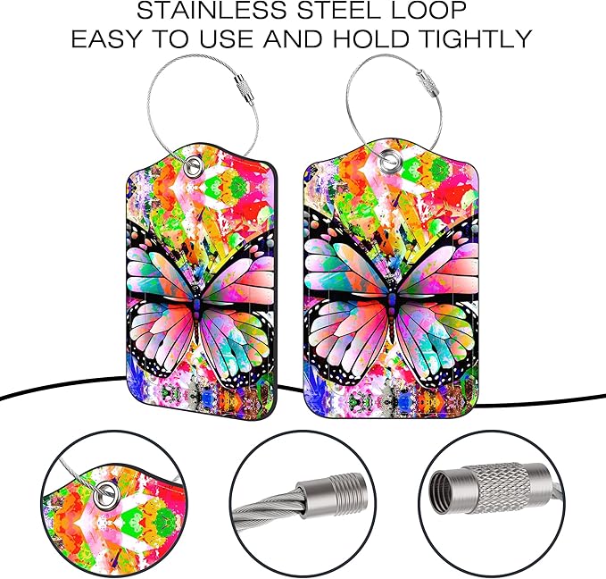 2 Pack Luggage Tags for Suitcase,Abstract Butterfly PU Leather Luggage Tags with Privacy Cover Name Address Labels and Steel Ring,Creative Travel Accessories for Men and Women