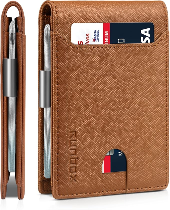 RUNBOX Money Clip Wallets for Men,Slim Leather Mens Bifold Wallet,RFID Blocking Front Pocket Wallet,Thin Credit Card Holder with Gift Box