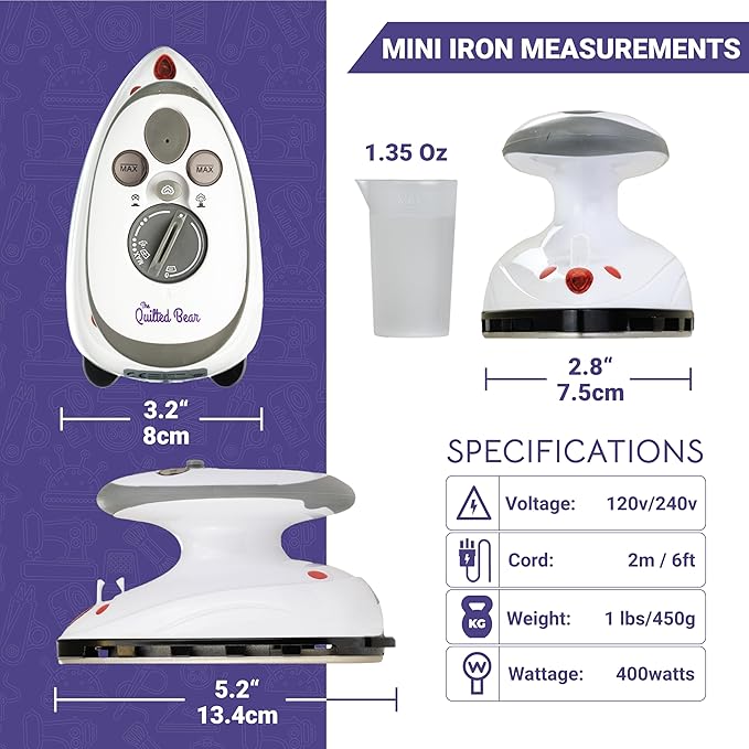 The Quilted Bear Mini Steam Iron - Lightweight Mini Travel Iron for Effortless Quilting & Wrinkle-Free Clothes with Hard Shell Case - Travel Steamer Craft Press for Clothes & Crafts (Black)