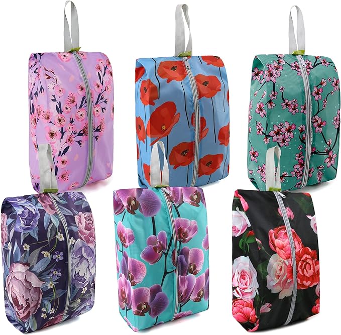 BeeGreen Shoe Organizer 6pcs Shoe Bags with Zipper Closure, Flower Design Shoe Storage Organizer with Handle Travel Bags For Men and Women, Portable Nylon Travel Gifts