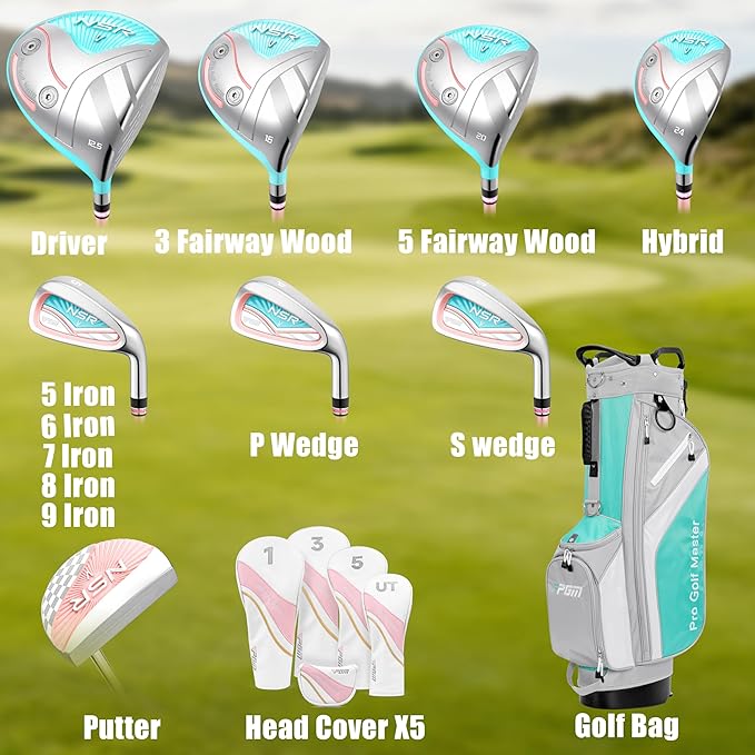 PGM 18 Piece Women's Golf Clubs Full Set for Right Handed, Complete Golf Set for Beginner to Intermediate Golfers with Driver, Woods, Hybrid, Irons, P/S Wedges, Putter, Headcovers and Stand Bag