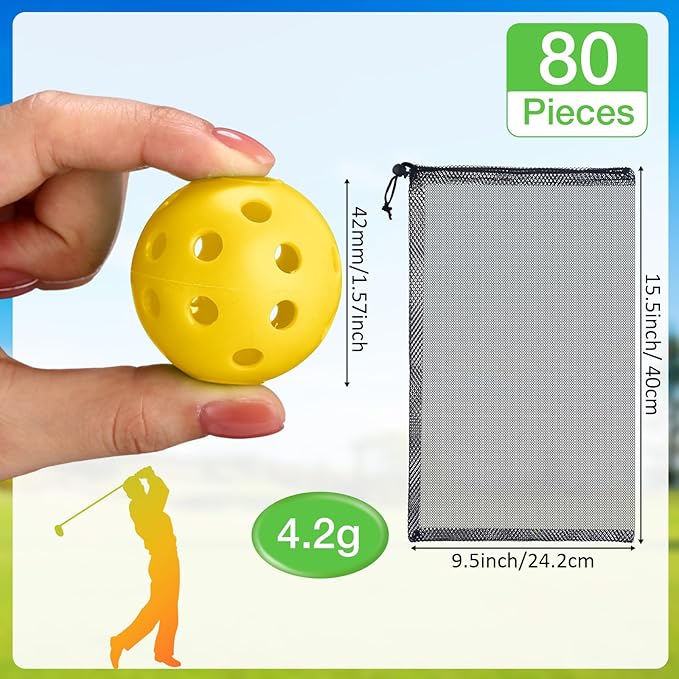 80 Pack Practice Golf Balls Limited Flight 42 mm Golf Training Airflow Hollow Plastic Ball for Women Men Indoor Outdoor Driving Range Swing Practice Home