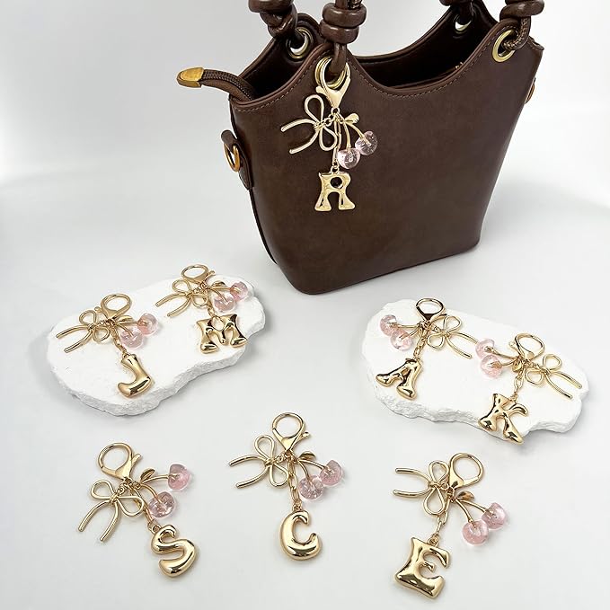 Gold Bubble Heart, Cherry, Bow & More Designs Letter Initial Keychain Bag Charms – Cute Purse Charms for Handbags
