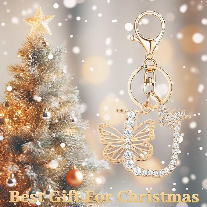Gold Plated Alphabet Initial Letter Keyring Keychain for Women Girls Crystal Key Chains for Wallet Backpack Bag Charm