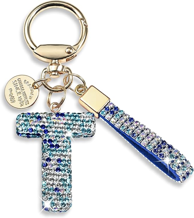Pink Blue White Initial Letter Keychain Gift for Women Girls Bling Sparkly Cute Backpack Car Key Accessories Lanyard