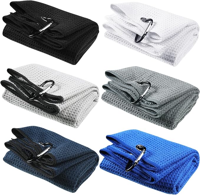 Cindeer 6 Pack Large Golf Towels, 16" x 24" Tri-fold Golf Towels, Microfiber Fabric Waffle Pattern Golfing Towel Portable with Heavy Duty Clip for Golfing Bag Remove Sand Dirt Mud Sweat(Multicolor)