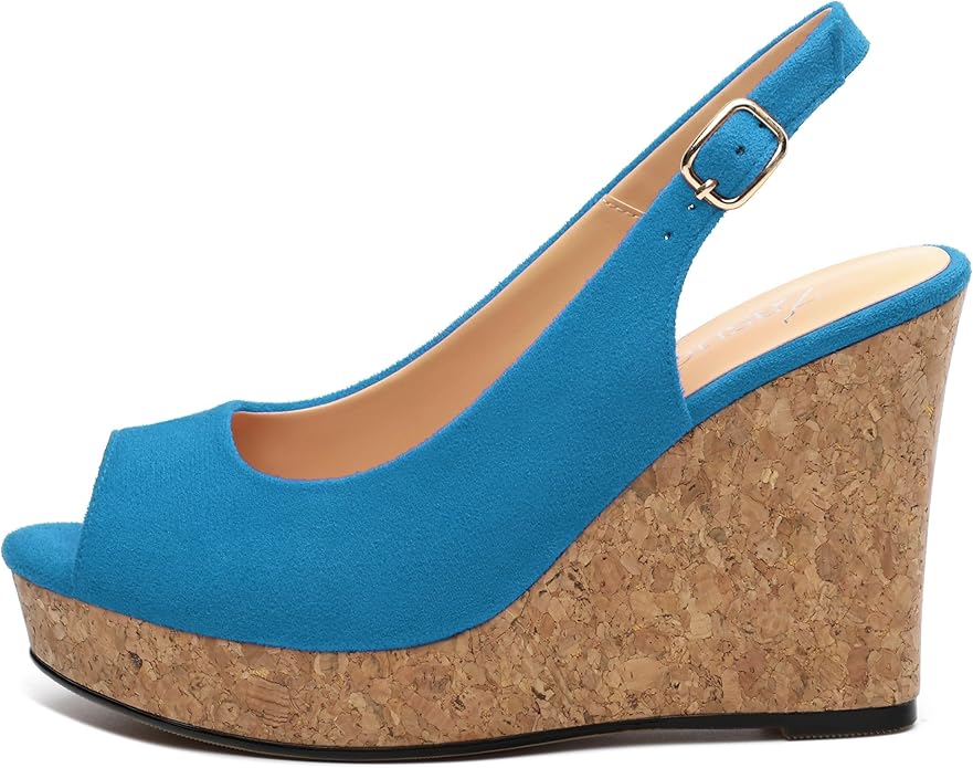 Womens Wedge Platform Sandals Peep Open Toe Slingback Buckle High Heel Dress Shoes Pumps Suede 3.94 Inch
