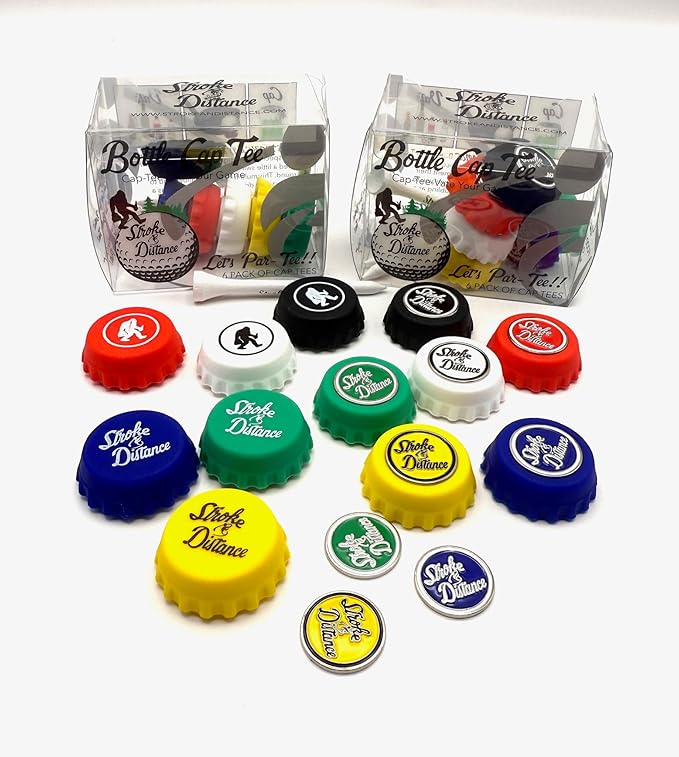 Stroke & Distance Bottle Cap Tee Double Pack - Keep Beverages Secure & Tee Off in Style - Par 3 Height - Insert Any Tee - Training Aid