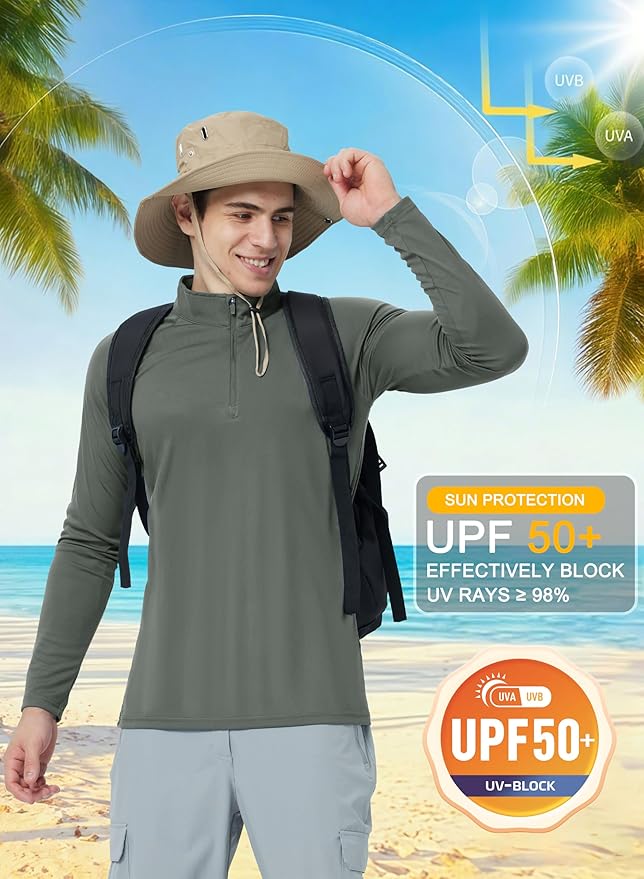 CRYSULLY Men's Long Sleeve 1/4 Zip Shirts Sun Protection Pullover UPF 50+ Rash Guard Running Lightweight T Shirt