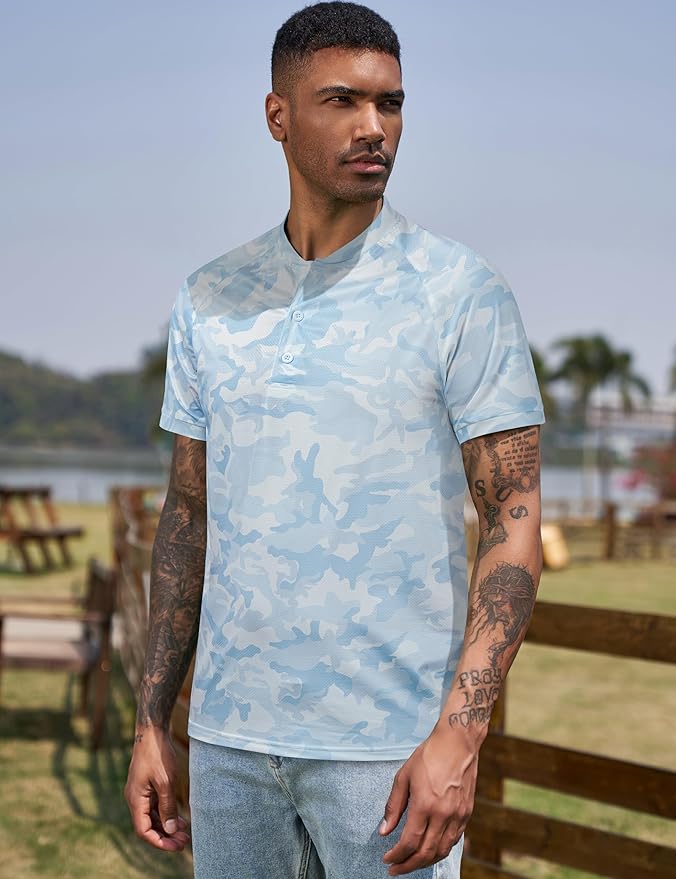 TAPULCO Mens Collarless Golf Shirts Short Sleeve Dry Fit Stretch Casual Breathable Lightweight Tshirts