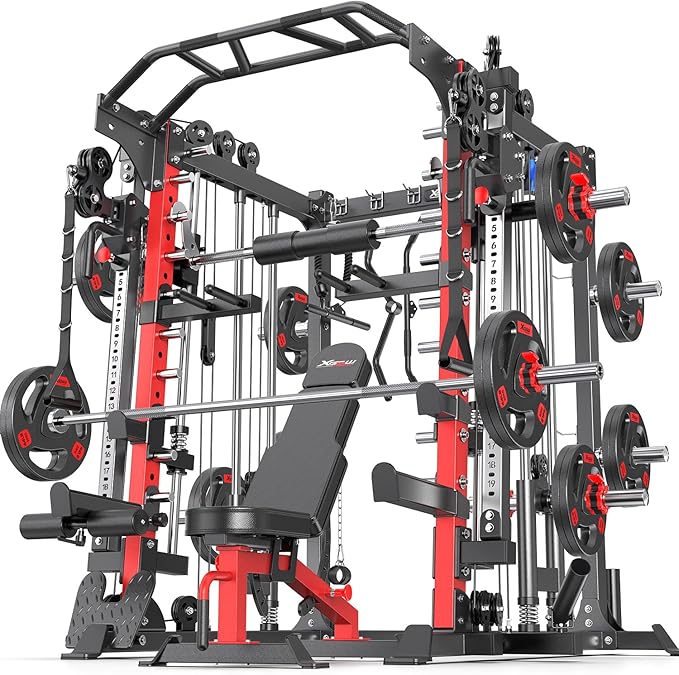 Smith Machine，Multi-Function Squat Rack Power Cage with Cable Crossover System,with Optional Weight Bench, Olympic Barbell Weight Set, for Home Gym