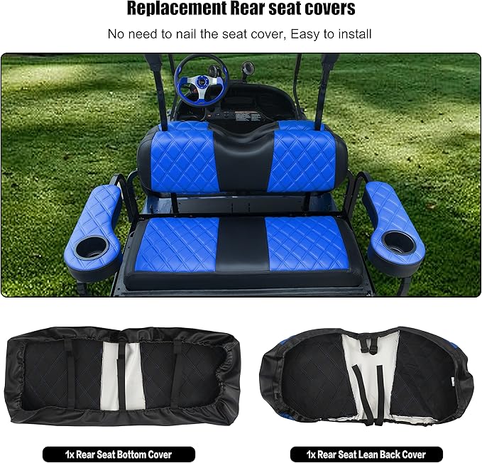 NOKINS Golf Cart Seat Covers Fit Club Car Precedent/DS/EZGO RXV/TXT/Yamaha Drive Aftermarket Standard Rear Seat Cushion, No Stapler, Multiple Colors&Breathable (Blue&Black)