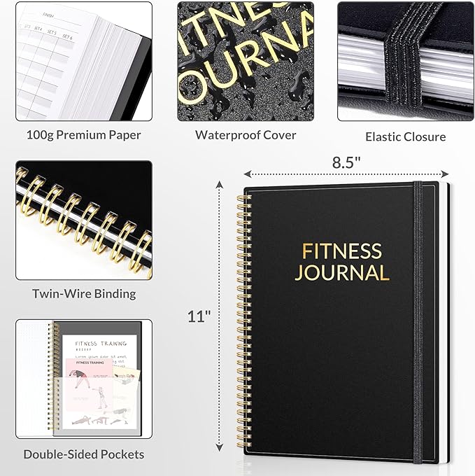 Fitness Journal Workout Planner for Women & Men, A4 (8.5" x 11") Workout Journal Log Book Planner Gift for Track Gym Essentials, Home Workouts, Track Progress, Achieve Wellness Goals, Black