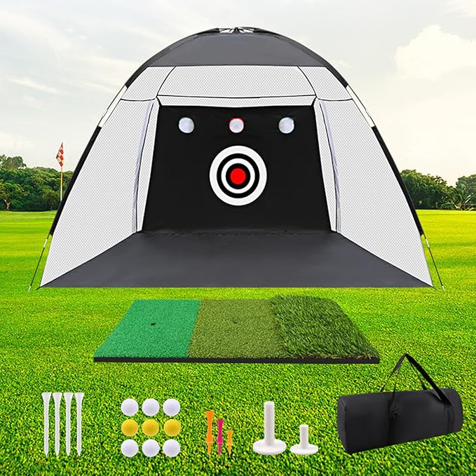 Golf Net, 10x7ft Golf Practice Net with Foldable Tri-Turf Mat, Hitting Chipping Swing Training for Backyard & Outdoor & Indoor with Ball, Tee, Target, Carry Bag, Gift for Men Dad Husband & Golfers