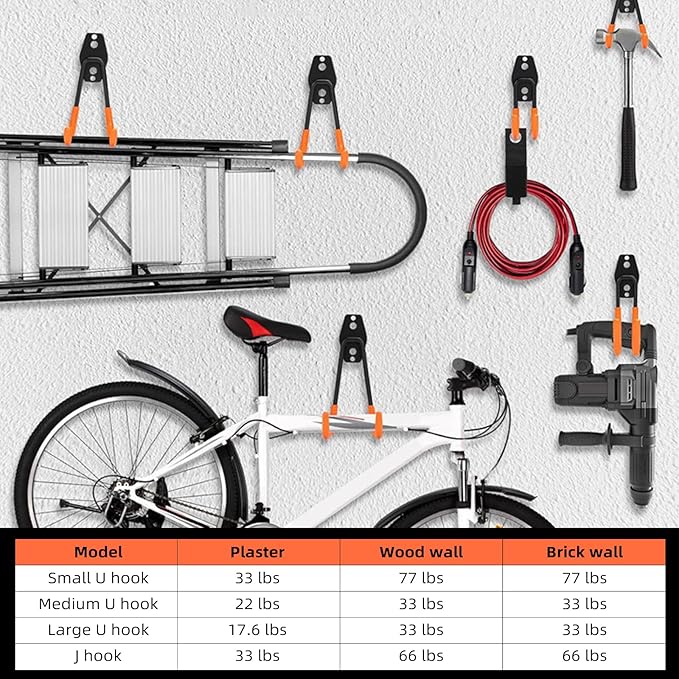 Garage Hooks, 4 Pack Large Square Wall Hooks for Hanging Heavy Duty Ladders, Bikes, Tools Ideal for Garage, Garden, Basement Utility Room Storage (Orange)