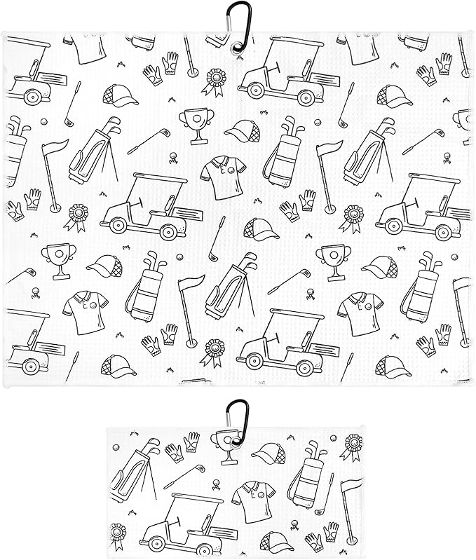 Microfiber Golf Towels for Golf Bags & Carts - Premium Weave Waffle & Ball Towels with Carabiner Clip, Essential Accessories for Men, Women and Kids, Golfer Gifts, Set of 2 (Golf Doodles)