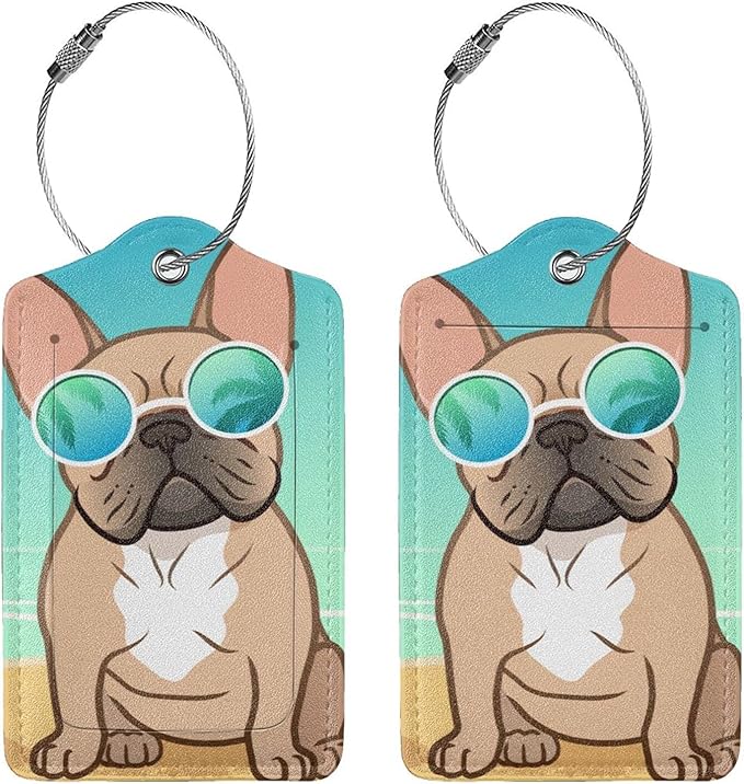 Cute French Bull Dog 2 Pcs Luggage Tags, Privacy Cover Id Label with Stainless Steel Loop and Address Card for Suitcases & Travel Bags