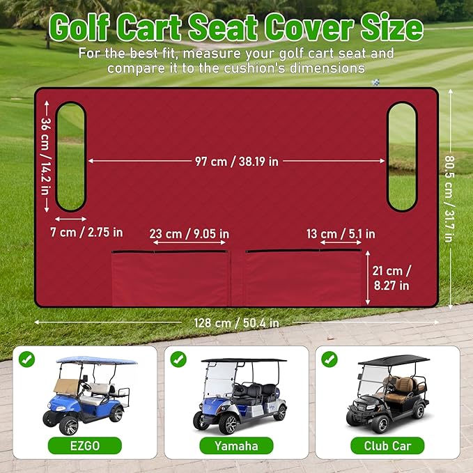 Kaskawise Golf Cart Seat Covers,Universal Golf Cart Seat Towel Blanket with 4 Front Pockets & Nonskid Bottom Fits for EZGO, Yamaha, Club Car DS Precedent and More 2 Person Seats Golf Carts (Wine red)