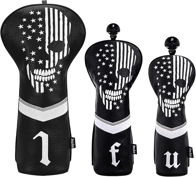 mytag Skull Skeleton Golf Head Covers Black Synthetic Leather Golf Headcovers Set Fits Driver Fairway Wood Hybrid/Utility Putter Iron Wedge Headcover