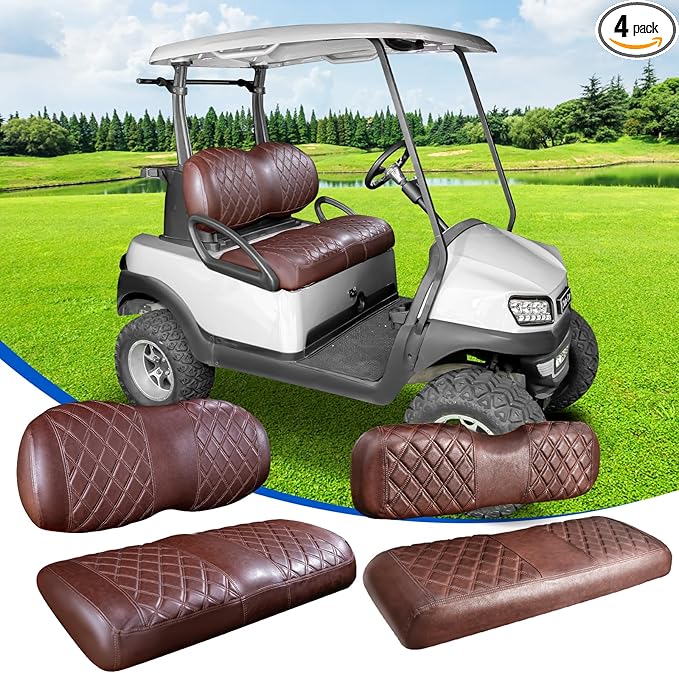 NOKINS Golf Cart Diamond Front&Rear Seat Covers Kit, Front Seat Covers Fits Club Car Precedent/Tempo/Onward Premium Seat Cushion, Rear Seat Covers Fits Aftermarket Standard Cushion(Brown&Brown 8438)