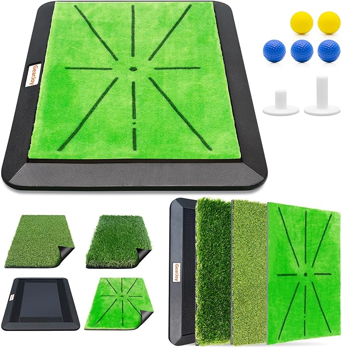Golf Hitting Mat with Instant Swing Path Feedback & 3 Replaceable Golf Practice Mats Non-Slip Heavy-Duty Rubber Base for Indoor/Outdoor Driving Chipping & Putting Accuracy Training