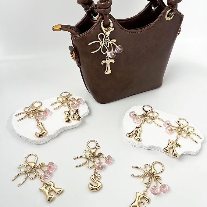 Gold Bubble Heart, Cherry, Bow & More Designs Letter Initial Keychain Bag Charms – Cute Purse Charms for Handbags