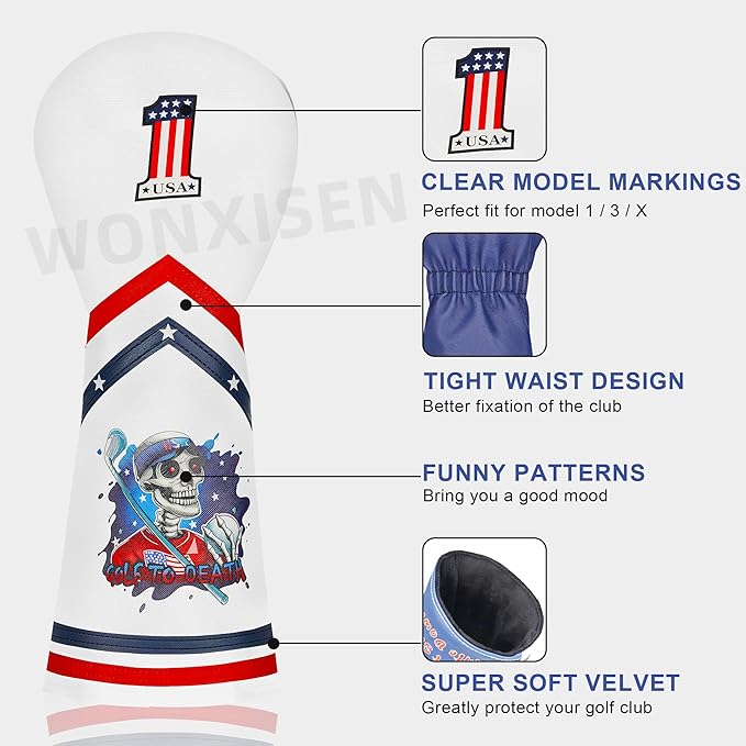 Golf Club Headcover for Drivers, Fairway Woods, Hybrid/Rescue Funny Style Premium Leather Golf Headcovers Set with Embroidery Tags