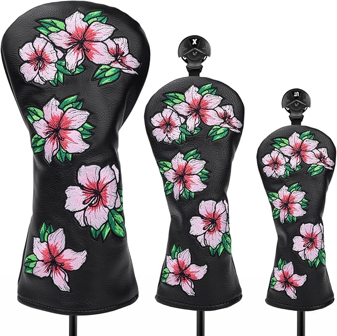 Golf Headcovers Embroidery Driver Cover Fariway Wood Headcover Hybrid Head Covers Leather Golf Club Covers for Most Brand,Black