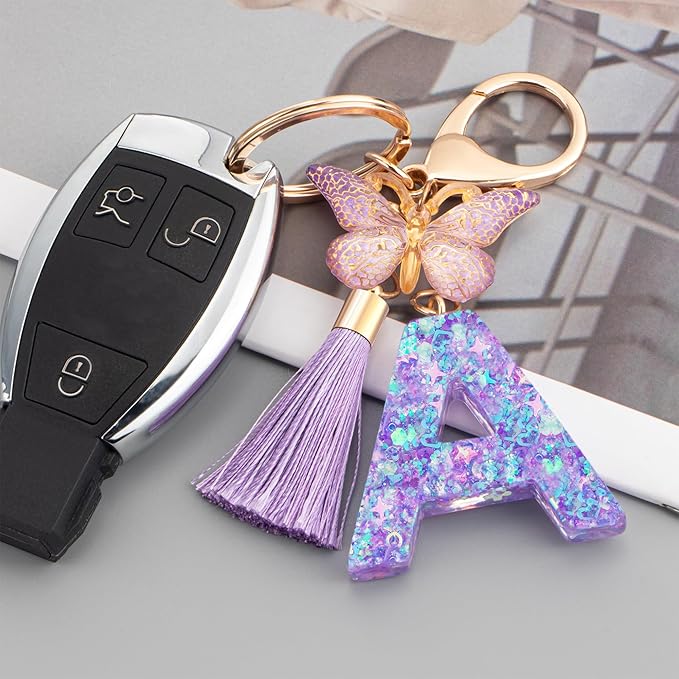 Suweibuke Colourful Cute Initial Letter Keychains for Women Girls with Tassel Butterfly, Charm for Purse Handbags Backpacks