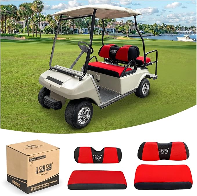 10L0L Golf Cart Front and Rear Seat Cover Set for EZGO TXT RXV 4 Passenger Models Bench Seat Covers Kit Breathable Washable Polyester Mesh Cloth Gray Black Beige Red (S+XS)