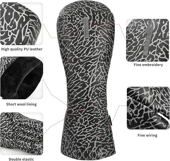 Golf Driver Head Covers 3-Pack for Men & Women - Premium PU Leather with Elephant Embroidery, Double Elastic Band (Driver/Fairway/Hybrid), Waterproof & Durable - White Grey or Black Grey