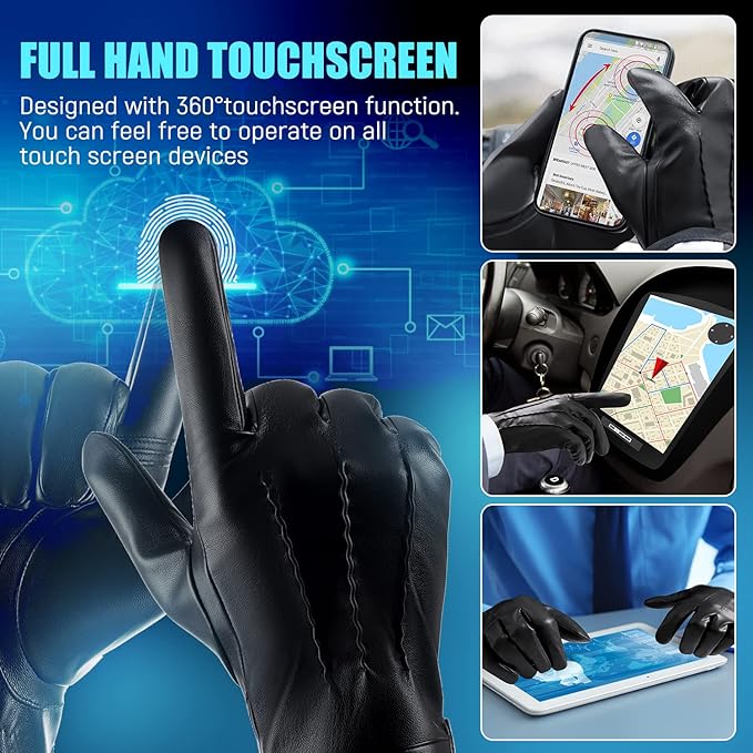 Winter Leather Gloves for Men,Touchscreen Snow Driving Gloves with Cashmere Lining for Motorcycle Driving Riding…