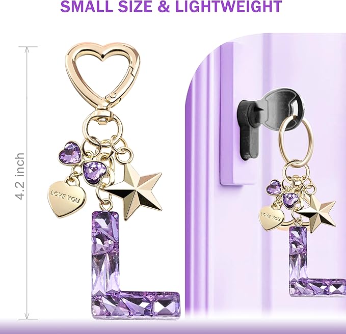 Cute Bling Keychain initial Letter Butterfly Star Pink Purple Gift for Women Girls Bag Cup Charms Accessories