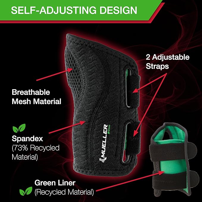 MUELLER Sports Medicine Green Fitted Wrist Brace for Men and Women, Wrist Pain Relief Support, Ideal for Carpal Tunnel, Tendonitis, Arthritis, Black